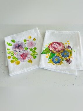 Hand Painted Floral Sack Towels Set of 2 | 100% Cotton Kitchen Towels 32x36